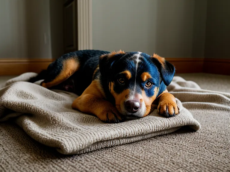 Mischlingshund entspannt auf vertrauter Decke im Hotelzimmer während des Hunde-Urlaubs