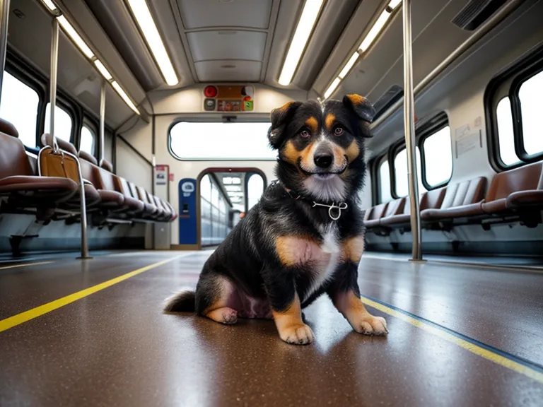 Entspannter Hund mit Maulkorb liegt ruhig auf dem Boden einer Berliner S-Bahn nach erfolgreichem Training