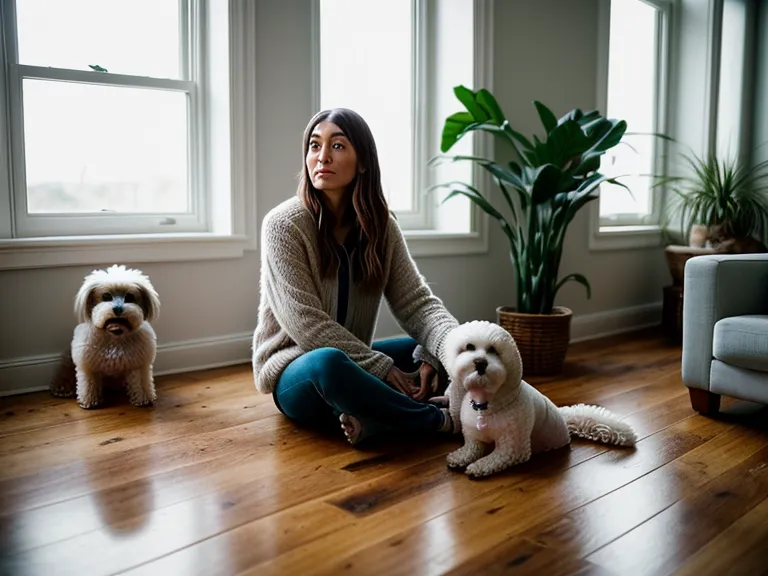 Glückliche Hundebesitzerin lobt ihren Hund für ruhiges Sitzen an der Tür – Erfolg bei den Hunde-Erziehung Tipps