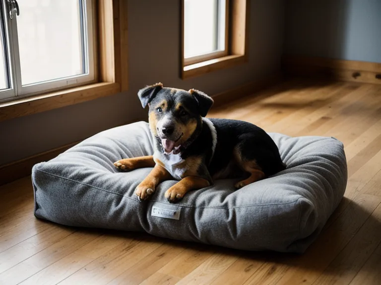 Entspannter Mischlingshund schläft im Körbchen neben dem Schreibtisch – Platz-Training im Homeoffice zeigt Wirkung im Berliner Hundealltag