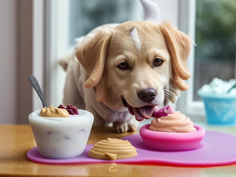 Gefrorene Schleckmatte mit Joghurt als Auslastung drinnen für den Hund an einem heißen Berliner Sommertag