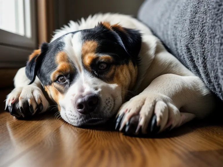Hunde-Schlafplatz einrichten: Mischlingshund liegt entspannt im flauschigen grauen Körbchen