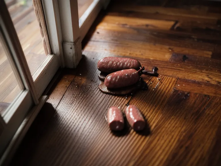 Verschüttete Leberwurstpaste auf altem Parkettboden beim Versuch, den Hund ins Körbchen zu locken