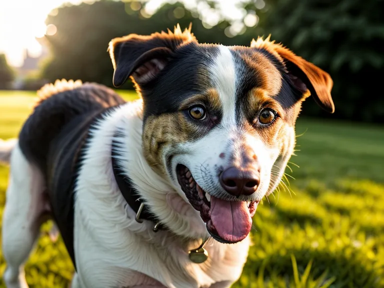 Entspannter Mischlingshund sitzt im Park nach gelungenem Rückruf