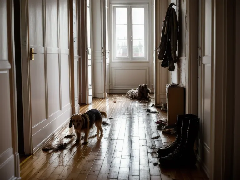 Leinentraining im Berliner Hundealltag: chaotischer Flur mit Leine und verschüttetem Kaffee am Morgen