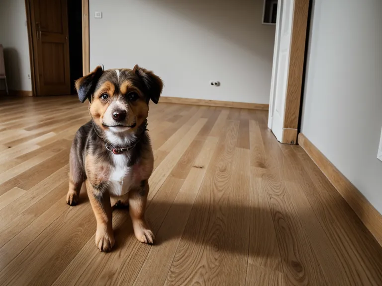 Ein zweijähriger Mischlingshund betrachtet unsicher ein Tischbein in der Wohnung