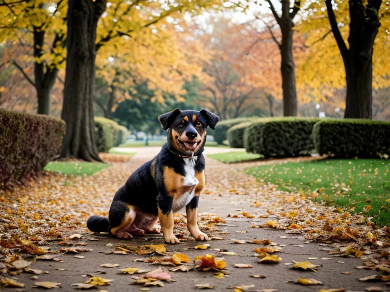 Mischlingshund schaut seine Besitzerin im herbstlichen Volkspark Friedrichshain aufmerksam an