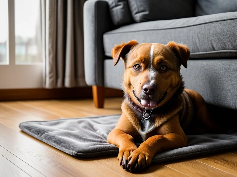 Mischlingshund Loki liegt entspannt auf seiner Hundematte statt auf dem Sofa – Ergebnis vom Sofa-Verbot-Training in Berlin