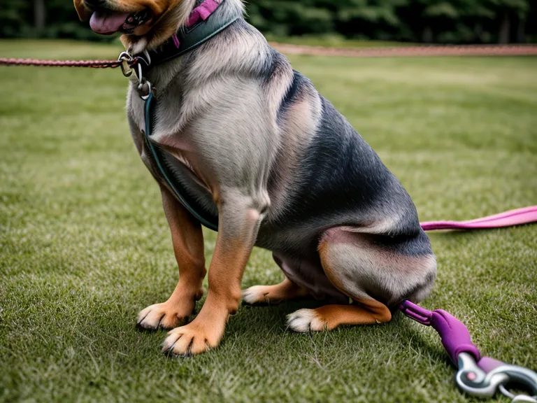 Hundeleine liegt im Gras eines Berliner Hundeauslaufgebiets, bereit für den Freilauf mit dem Mischlingshund