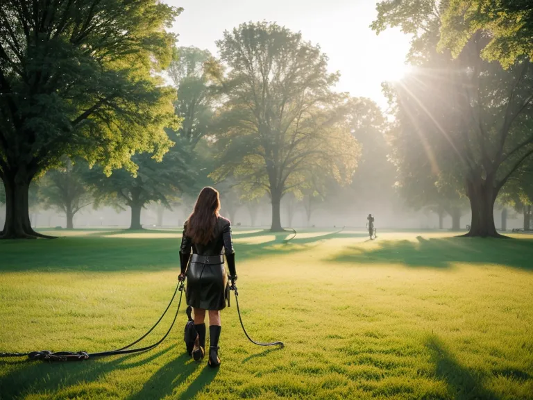 Perspektive einer Hundebesitzerin beim Hundetraining mit ihrem aufmerksamen Hund im Volkspark Friedrichshain.