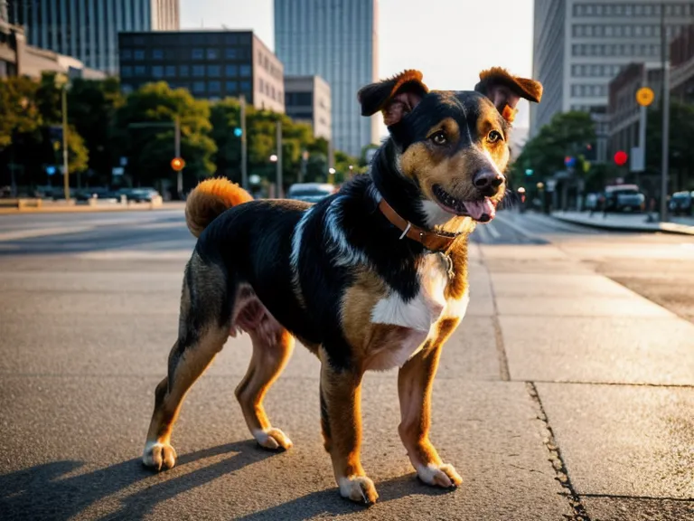 Aufmerksamer Mischlingshund sitzt ruhig an belebter Berliner Straße nach Online Hundetraining