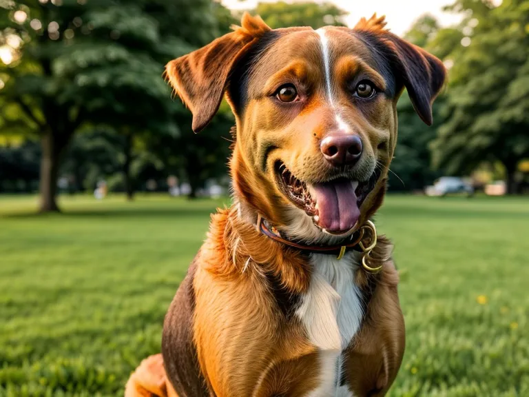 Berliner Hundealltag beim Schleppleinentraining: Mischlingshund blickt im Park zurück, die Leine schleift locker am Boden