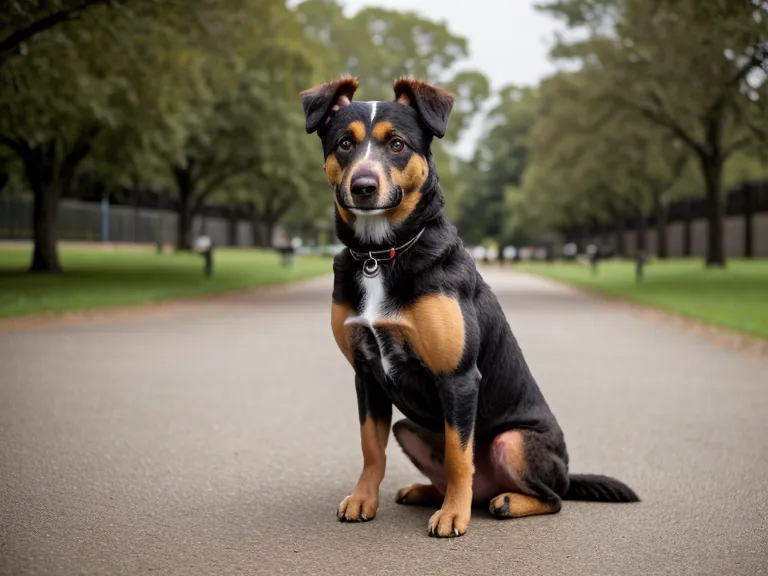 Mischlingshund sitzt entspannt auf der Kastanienallee in Prenzlauer Berg, während ein Lastenrad vorbeifährt